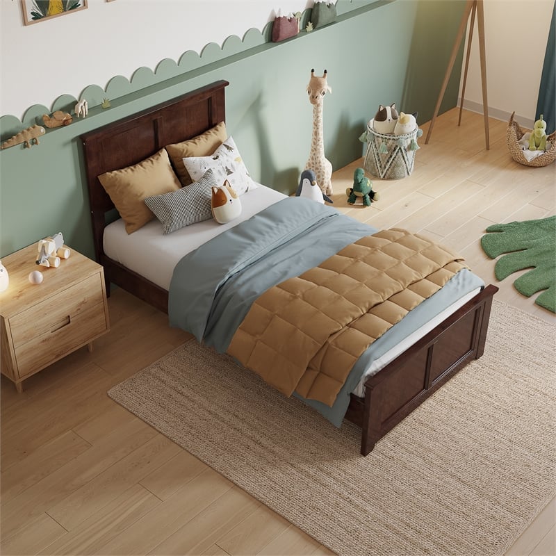 Charlotte Twin Wood Low Profile Platform Bed with Matching Footboard in Walnut