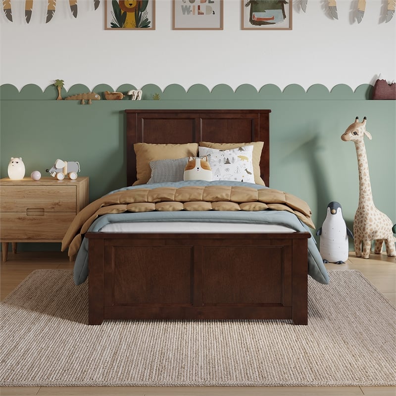 Charlotte Twin Wood Low Profile Platform Bed with Matching Footboard in Walnut