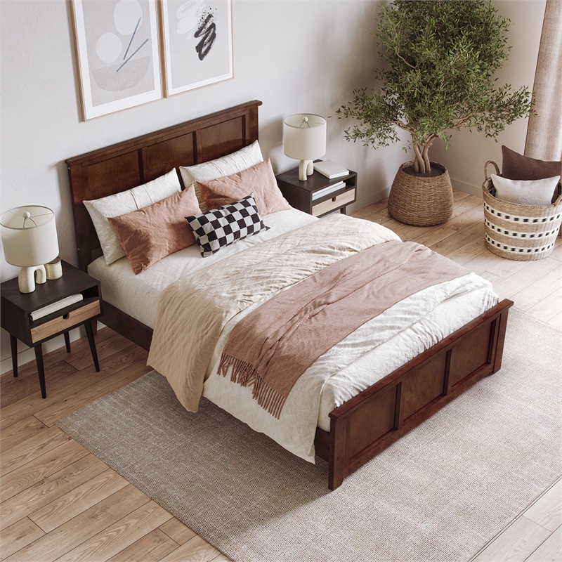 Charlotte Full Wood Low Profile Platform Bed with Matching Footboard in Walnut
