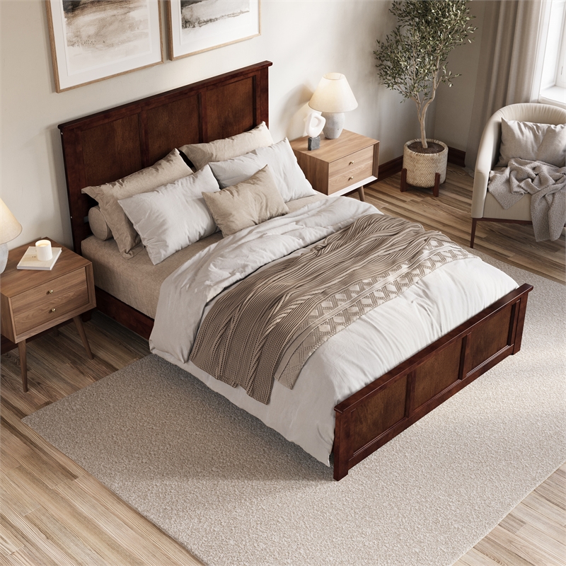 Charlotte Queen Wood Low Profile Platform Bed with Matching Footboard in Walnut