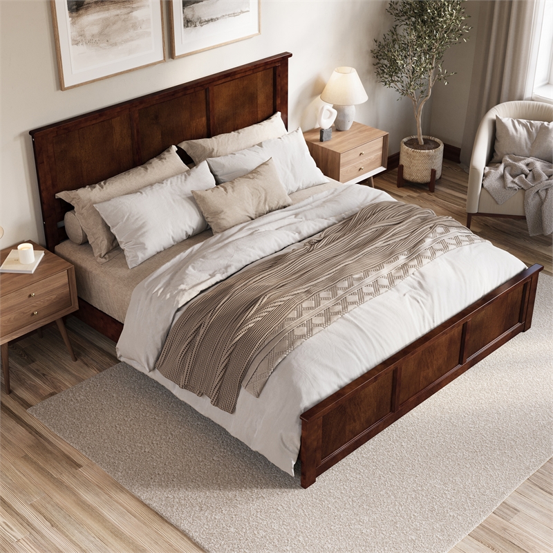 Charlotte King Wood Low Profile Platform Bed with Matching Footboard in Walnut