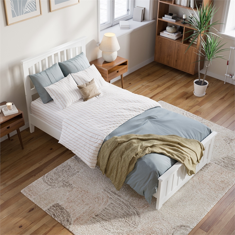 Becket Twin XL Wood Low Profile Platform Bed with Matching Footboard in White