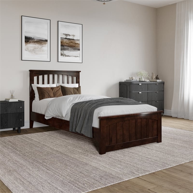 Becket Twin XL Wood Low Profile Platform Bed with Matching Footboard in Walnut