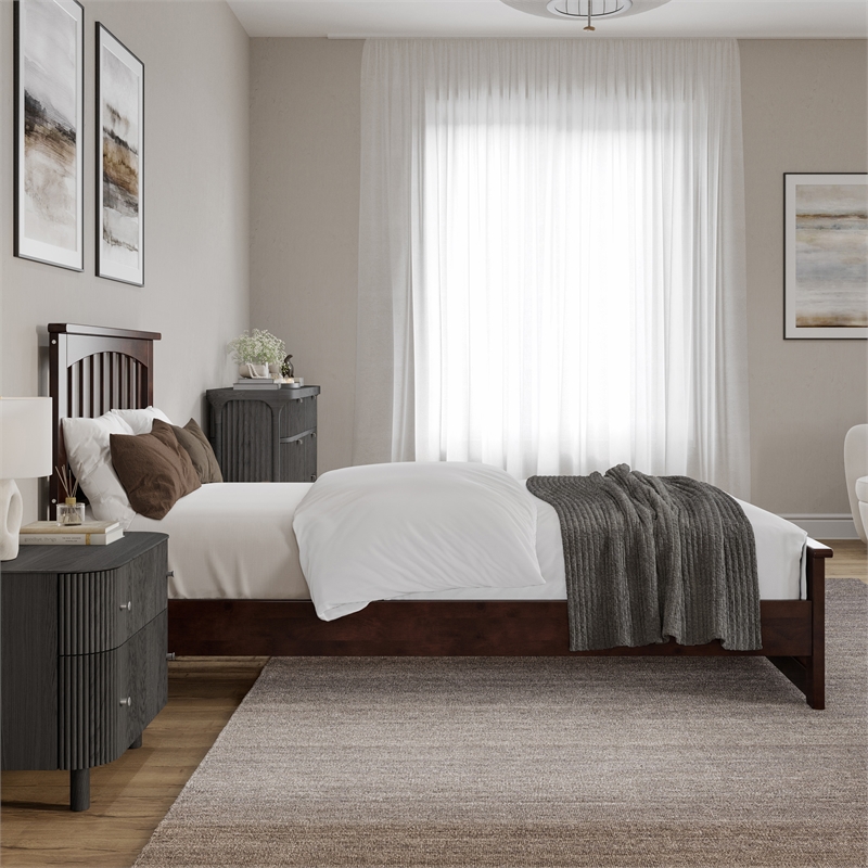 Becket Twin XL Wood Low Profile Platform Bed with Matching Footboard in Walnut