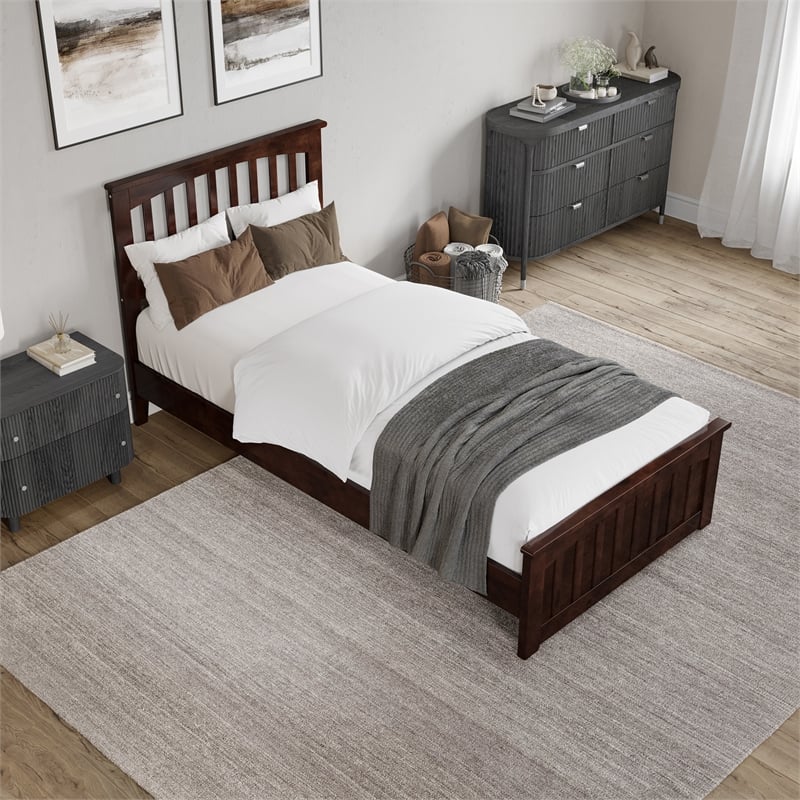 Becket Twin XL Wood Low Profile Platform Bed with Matching Footboard in Walnut