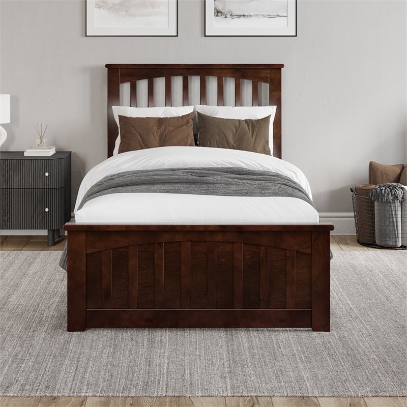 Becket Twin XL Wood Low Profile Platform Bed with Matching Footboard in Walnut