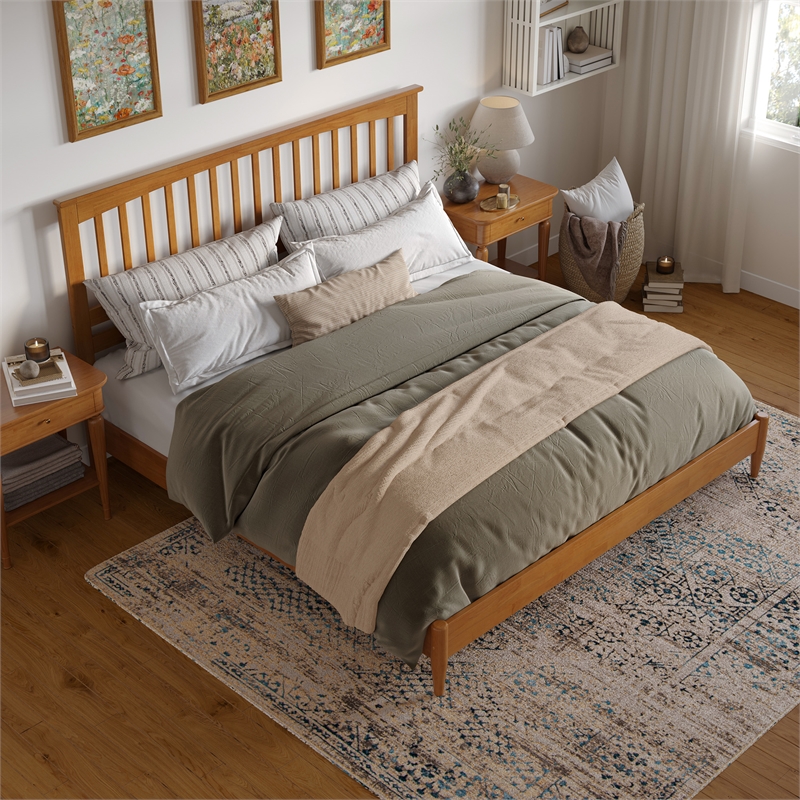 Becket King Wood Low Profile Platform Bed in Light Toffee