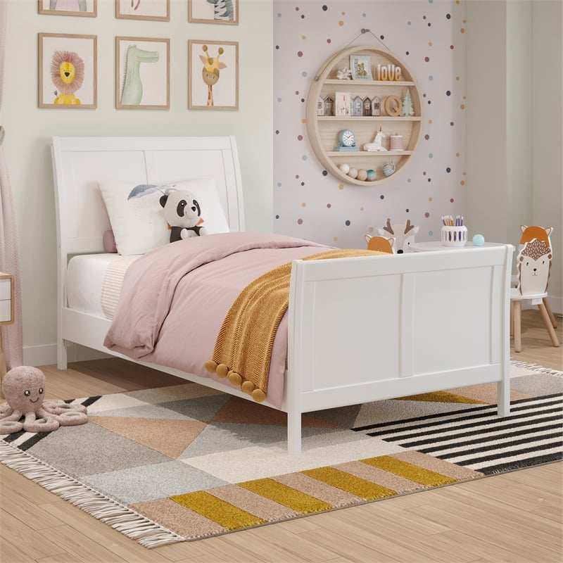 Valencia Twin Wood Low Profile Sleigh Platform Bed w/Matching Footboard in White