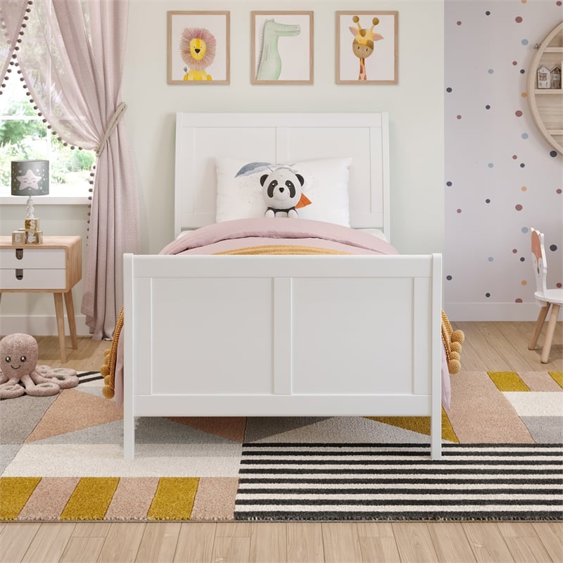 Valencia Twin Wood Low Profile Sleigh Platform Bed w/Matching Footboard in White