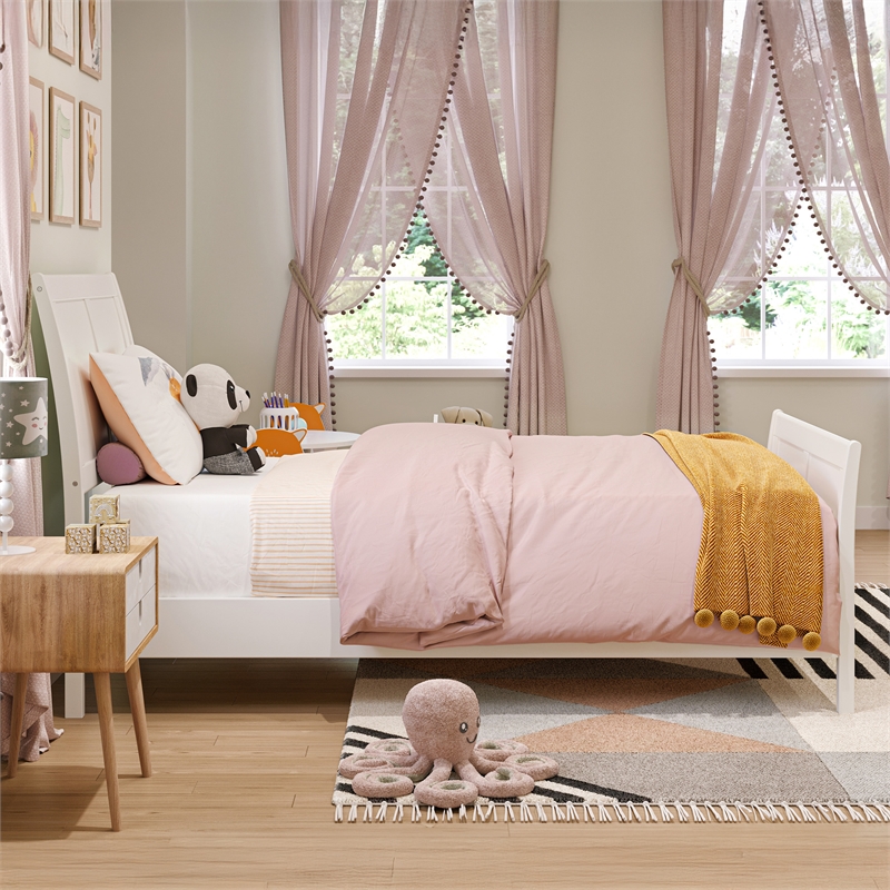 Valencia Twin Wood Low Profile Sleigh Platform Bed w/Matching Footboard in White