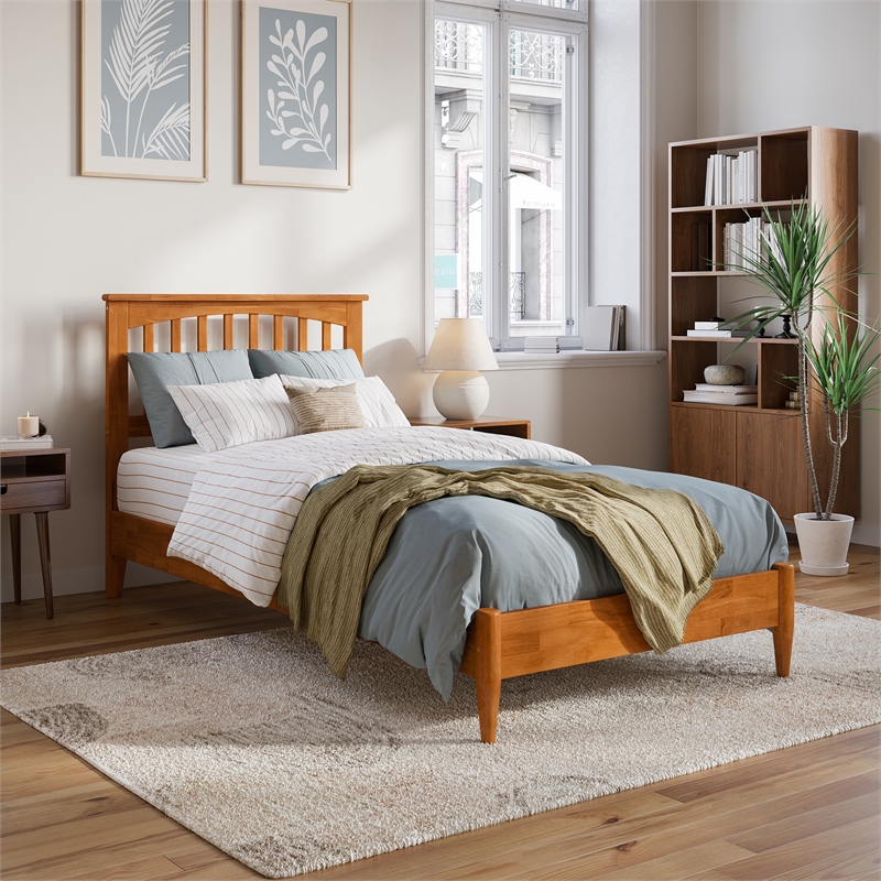 Becket Twin XL Wood Low Profile Platform Bed in Light Toffee
