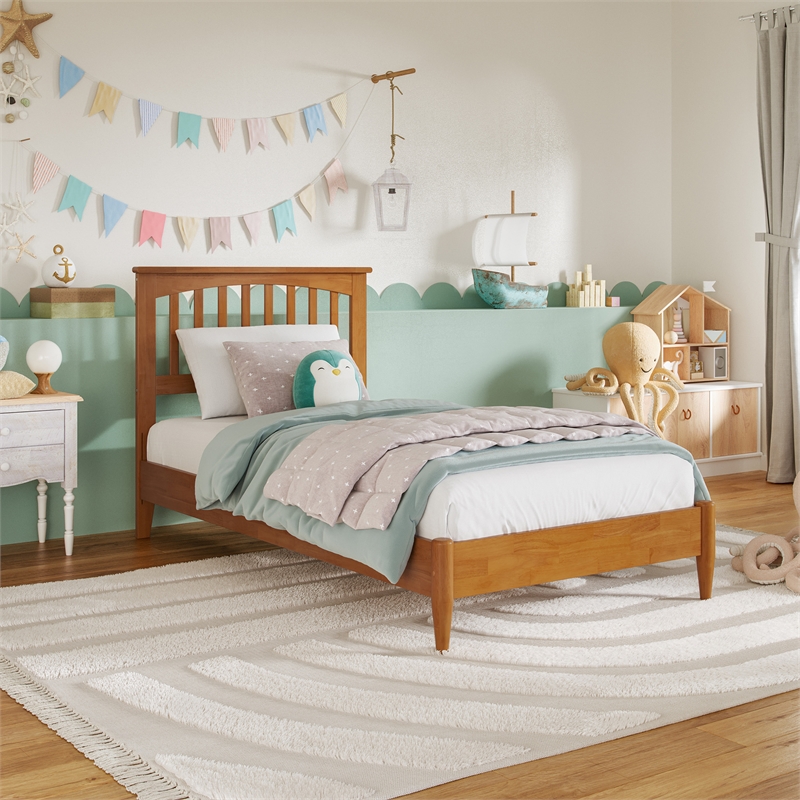 Becket Twin Wood Low Profile Platform Bed in Light Toffee