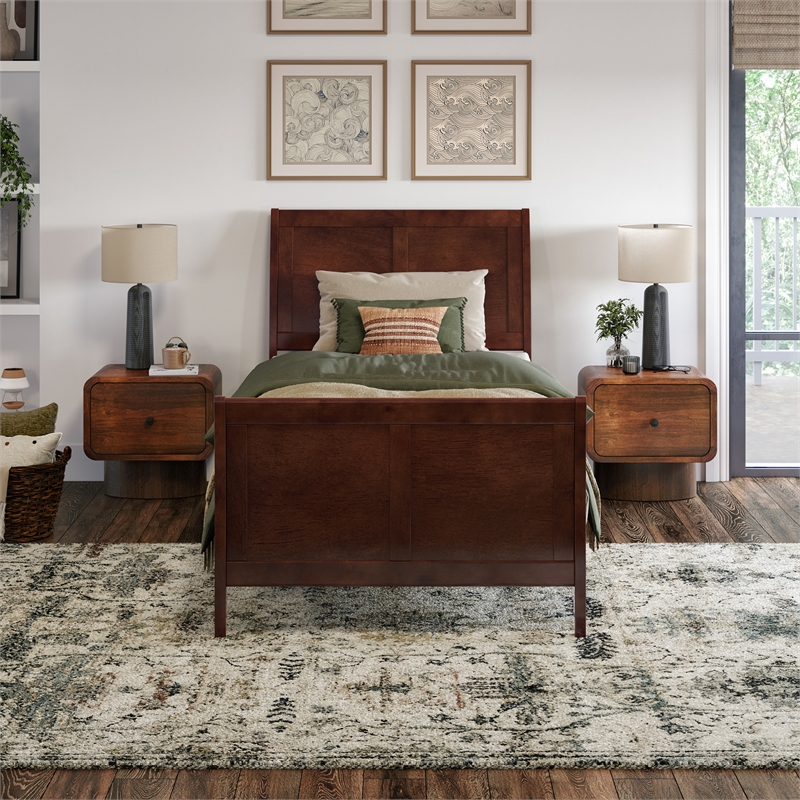 Valencia Twin XL Low Profile Wood Platform Bed with Matching Footboard in Walnut