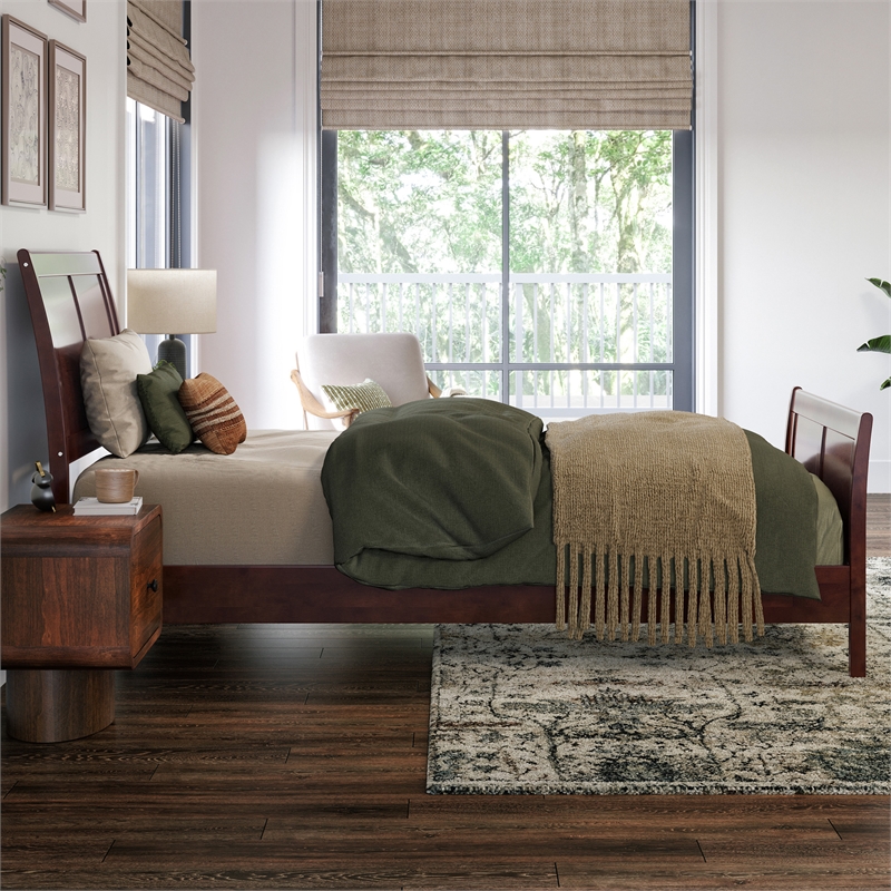 Valencia Twin XL Low Profile Wood Platform Bed with Matching Footboard in Walnut