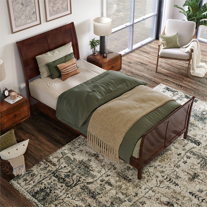 Valencia Twin XL Low Profile Wood Platform Bed with Matching Footboard in Walnut