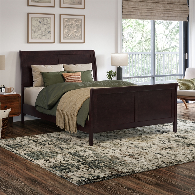 Valencia Full Low Profile Wood Platform Bed with Matching Footboard in Espresso