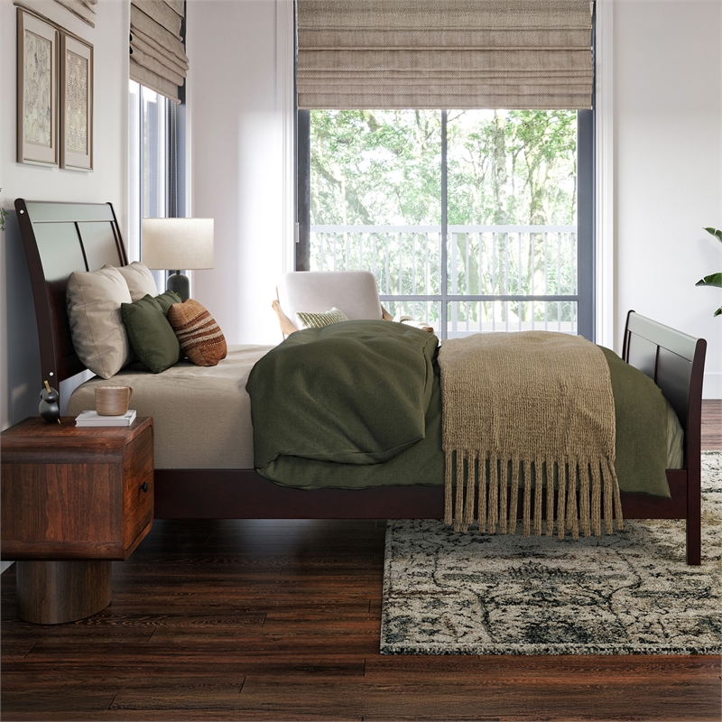 Valencia Full Low Profile Wood Platform Bed with Matching Footboard in Espresso