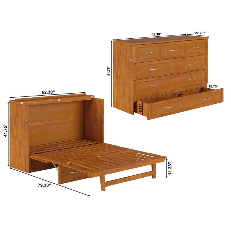 Northfield Queen Solid Wood Murphy Bed Chest with Mattress in Light Toffee