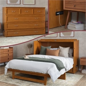 Northfield Queen Solid Wood Murphy Bed Chest with Mattress in Light Toffee