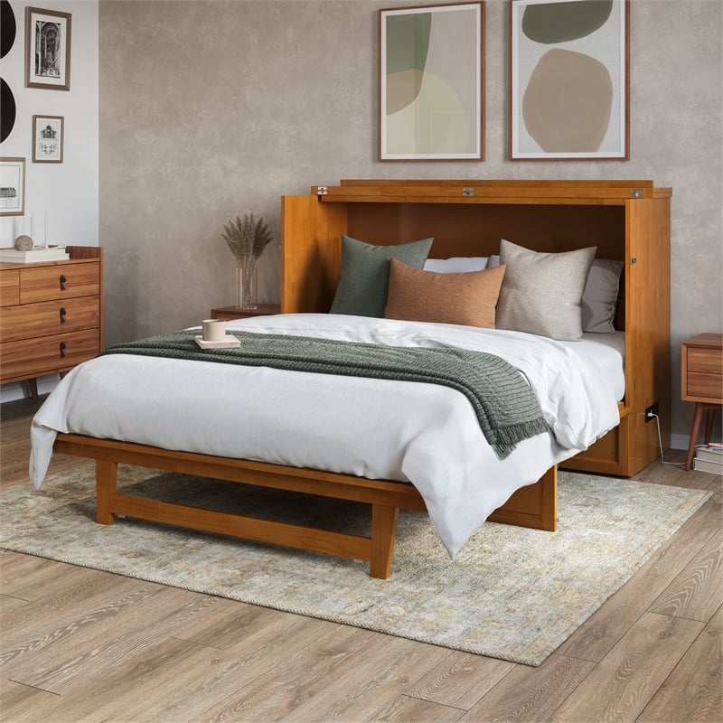Northfield Queen Solid Wood Murphy Bed Chest with Mattress in Light Toffee