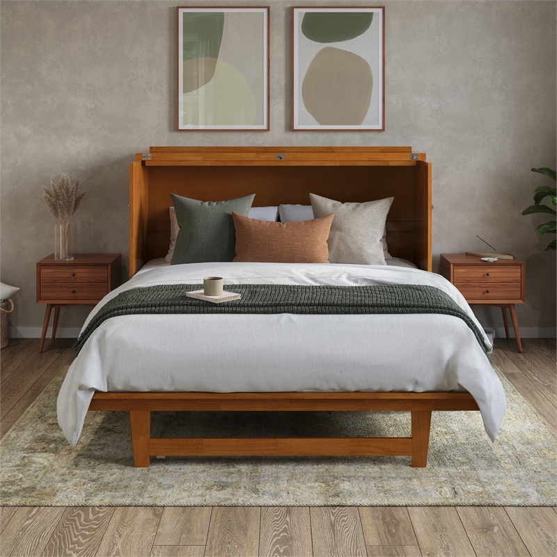 Northfield Queen Solid Wood Murphy Bed Chest with Mattress in Light Toffee