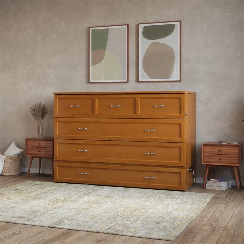 Northfield Queen Solid Wood Murphy Bed Chest with Mattress in Light Toffee