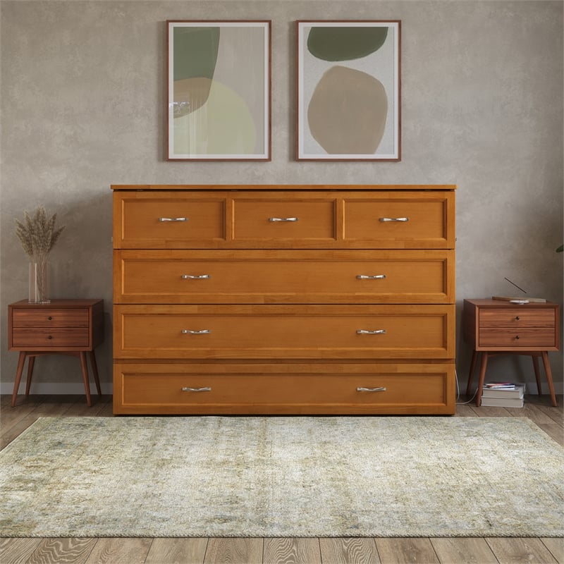 Northfield Queen Solid Wood Murphy Bed Chest with Mattress in Light Toffee