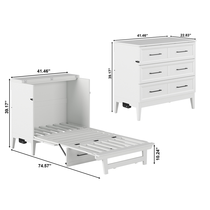 Santa Fe Twin Wood Murphy Bed Chest with Mattress & Built-in Charger in White