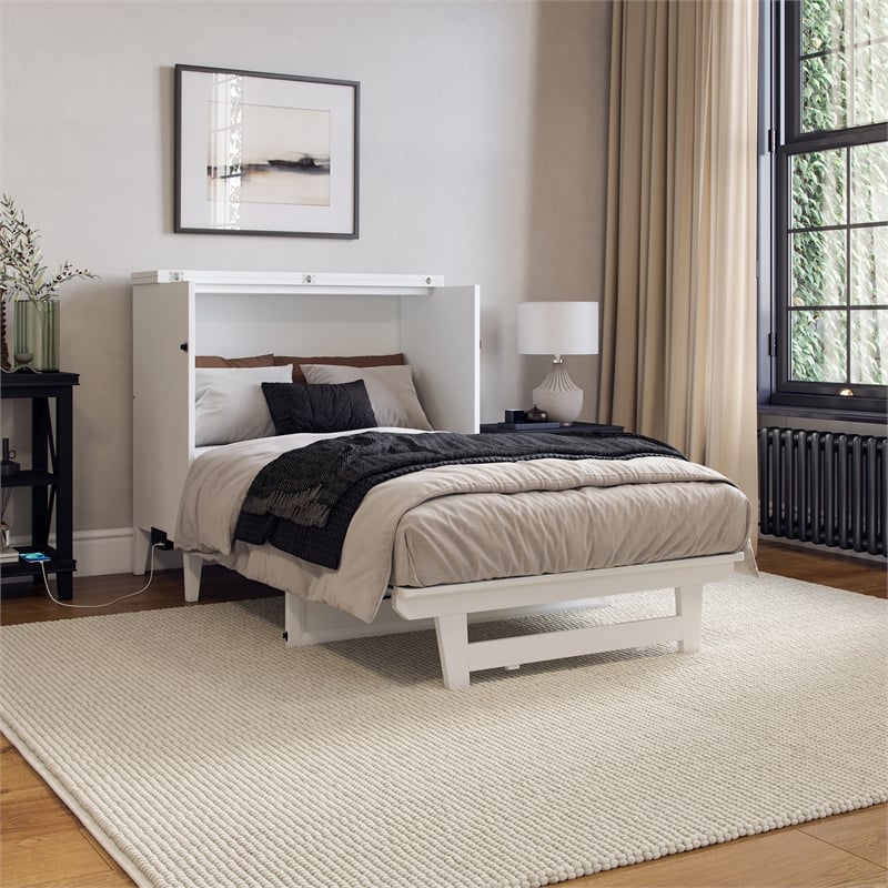 Santa Fe Twin Wood Murphy Bed Chest with Mattress & Built-in Charger in White