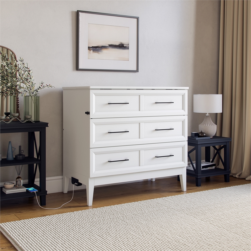 Santa Fe Twin Wood Murphy Bed Chest with Mattress & Built-in Charger in White