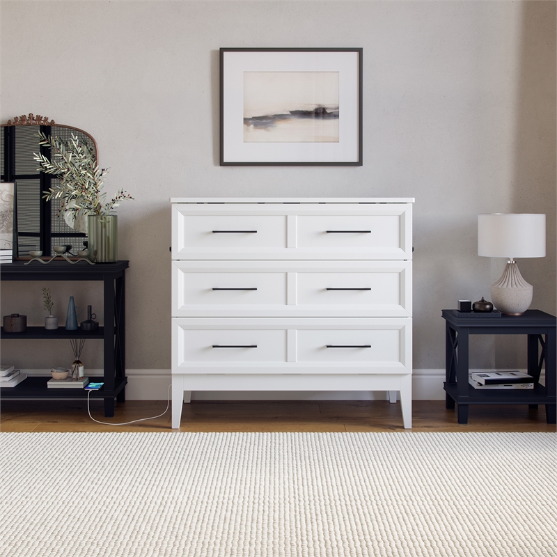 Santa Fe Twin Wood Murphy Bed Chest with Mattress & Built-in Charger in White