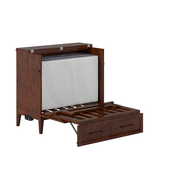 Santa Fe Twin Wood Murphy Bed Chest with Mattress & Built-in Charger in Walnut
