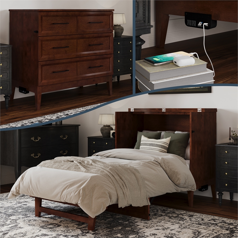 Santa Fe Twin Wood Murphy Bed Chest with Mattress & Built-in Charger in Walnut
