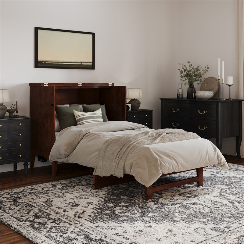 Santa Fe Twin Wood Murphy Bed Chest with Mattress & Built-in Charger in Walnut