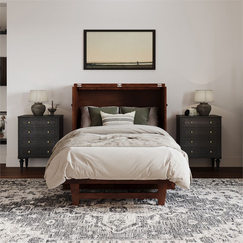 Santa Fe Twin Wood Murphy Bed Chest with Mattress & Built-in Charger in Walnut