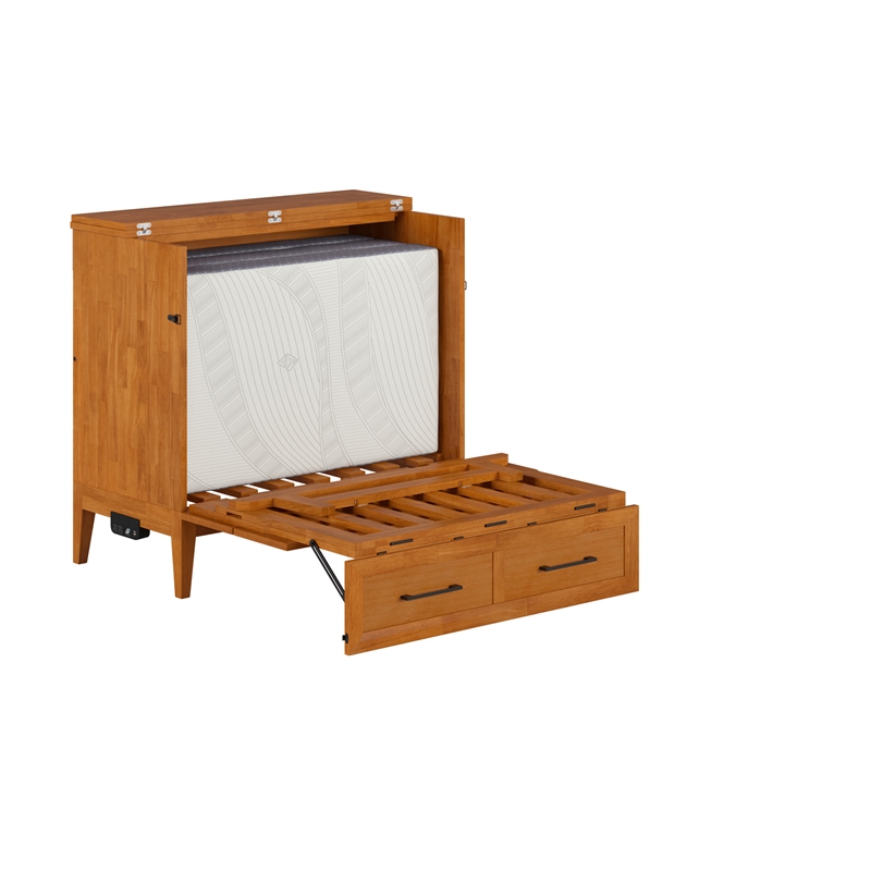 Santa Fe Twin Wood Murphy Bed Chest wMattress & Built-in Charger in Light Toffee