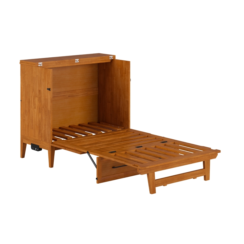 Santa Fe Twin Wood Murphy Bed Chest wMattress & Built-in Charger in Light Toffee