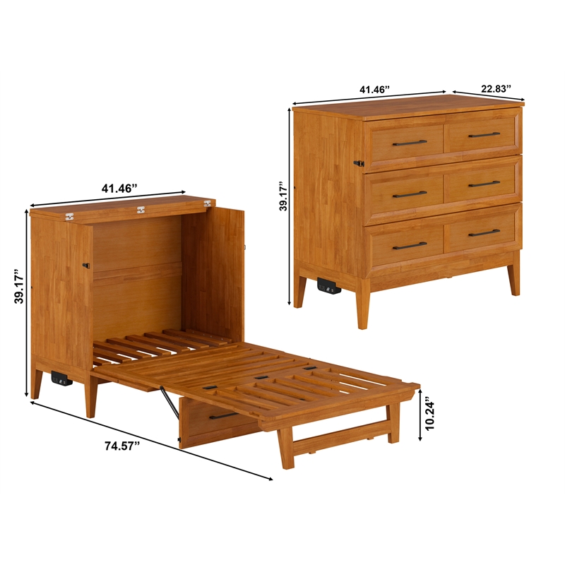 Santa Fe Twin Wood Murphy Bed Chest wMattress & Built-in Charger in Light Toffee