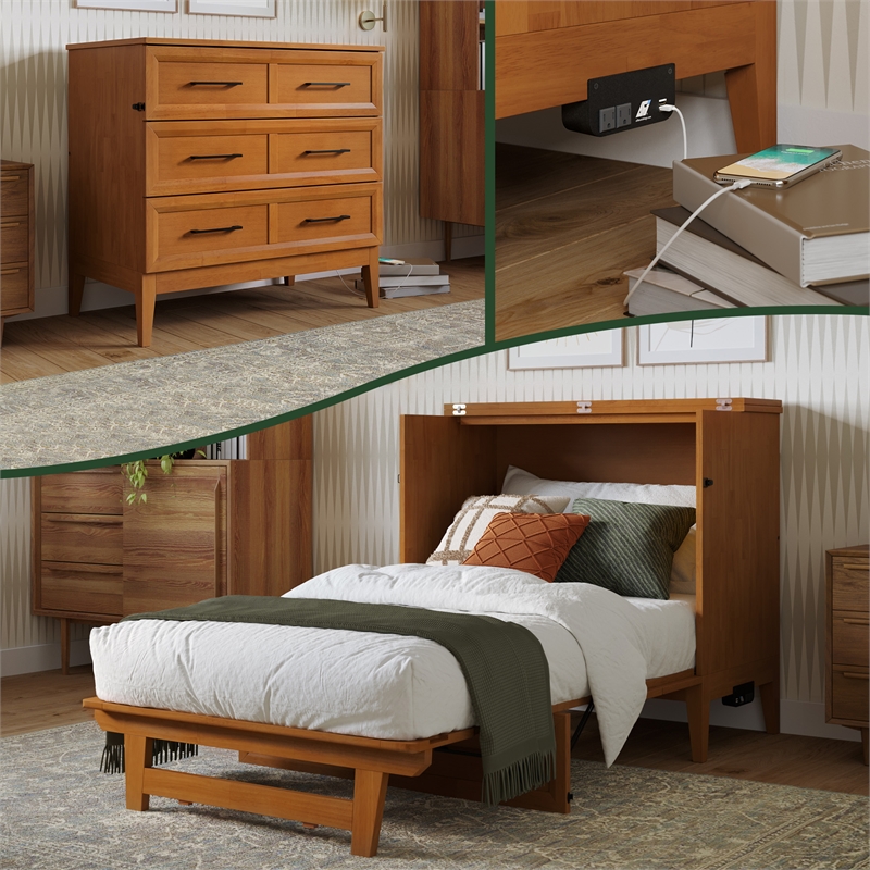 Santa Fe Twin Wood Murphy Bed Chest wMattress & Built-in Charger in Light Toffee