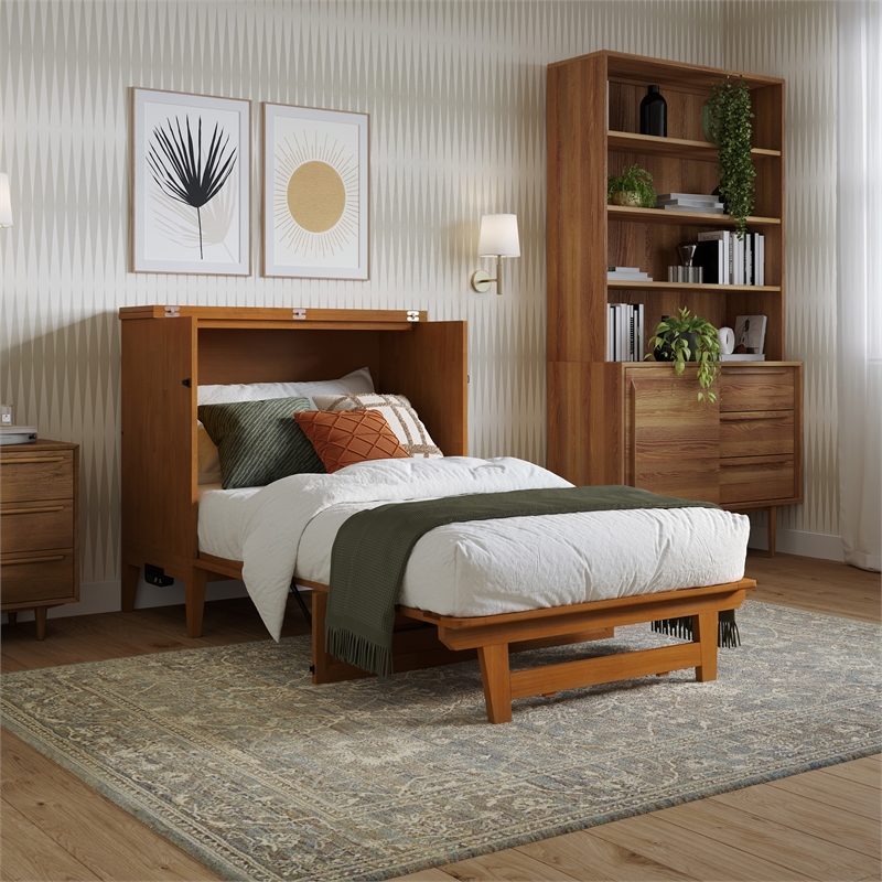 Santa Fe Twin Wood Murphy Bed Chest wMattress & Built-in Charger in Light Toffee