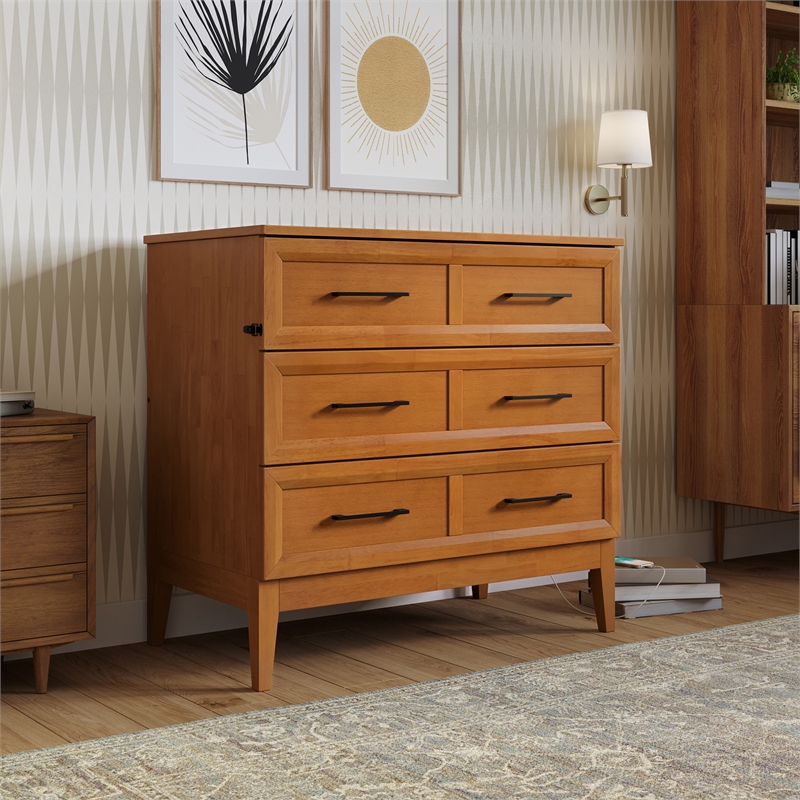 Santa Fe Twin Wood Murphy Bed Chest wMattress & Built-in Charger in Light Toffee