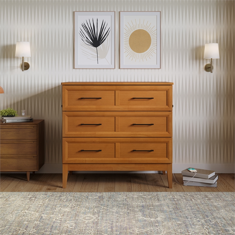 Santa Fe Twin Wood Murphy Bed Chest wMattress & Built-in Charger in Light Toffee