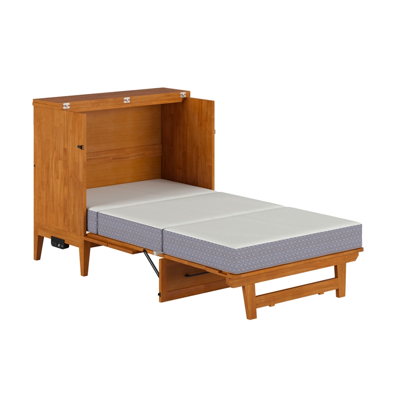 Santa Fe Twin Wood Murphy Bed Chest wMattress & Built-in Charger in Light Toffee