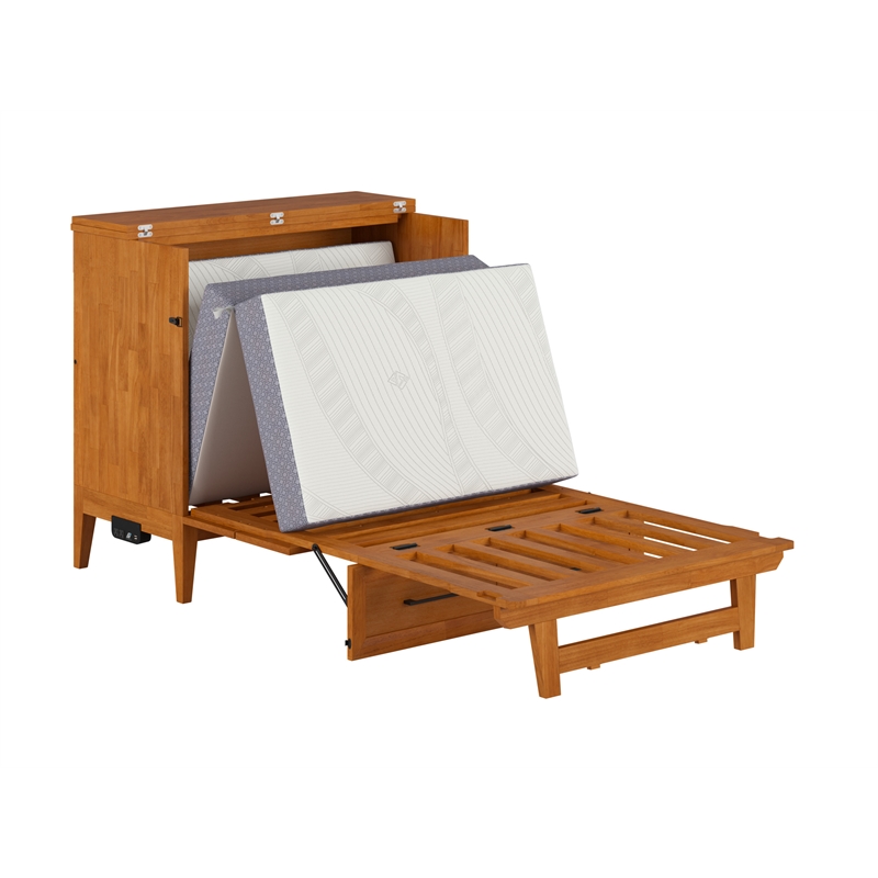 Santa Fe Twin Wood Murphy Bed Chest wMattress & Built-in Charger in Light Toffee