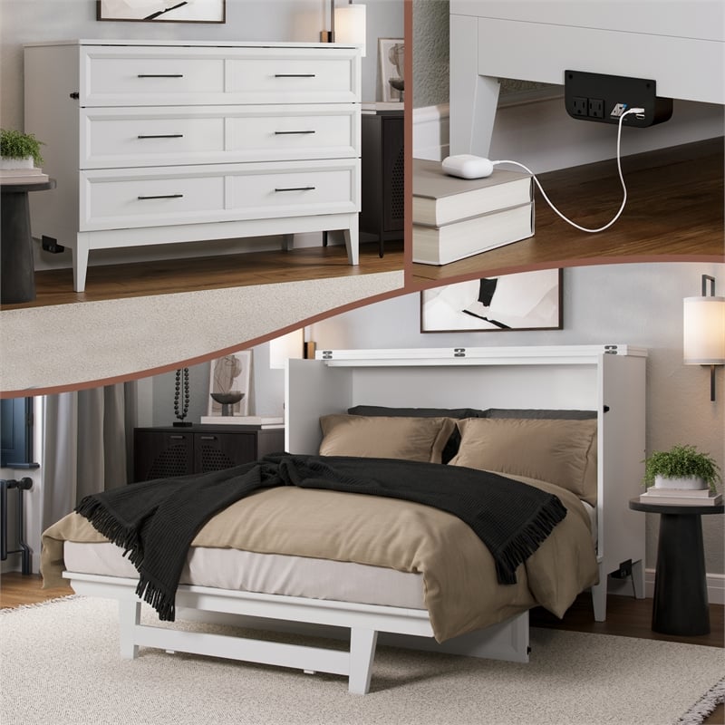 Santa Fe Full Wood Murphy Bed Chest with Mattress & Built-in Charger in White