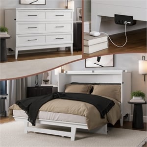 Santa Fe Full Wood Murphy Bed Chest with Mattress & Built-in Charger in White