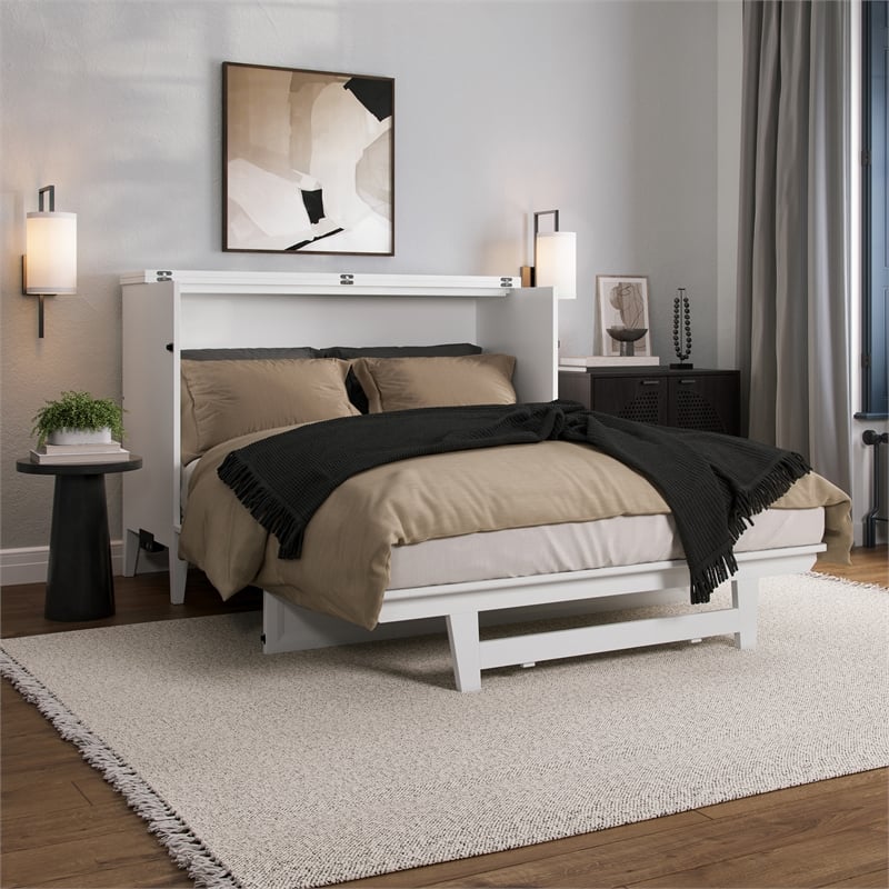 Santa Fe Full Wood Murphy Bed Chest with Mattress & Built-in Charger in White