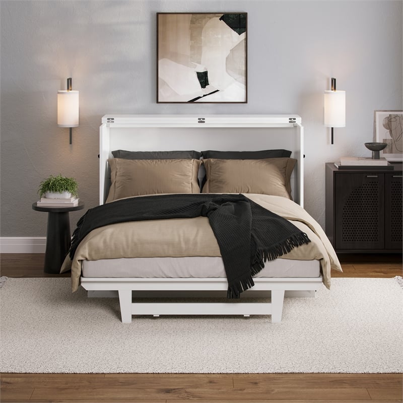 Santa Fe Full Wood Murphy Bed Chest with Mattress & Built-in Charger in White