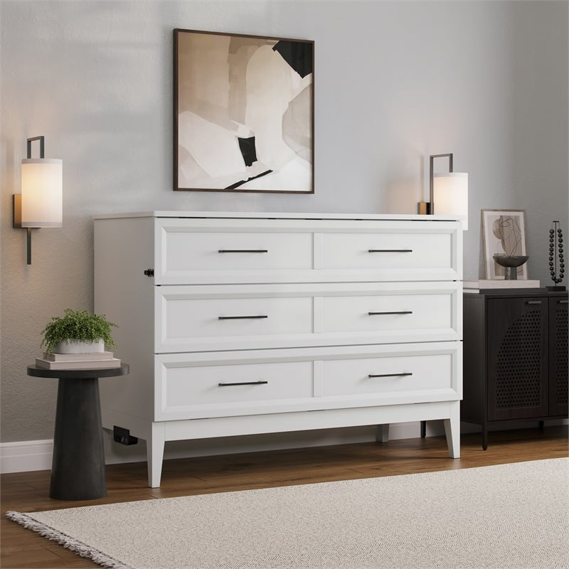 Santa Fe Full Wood Murphy Bed Chest with Mattress & Built-in Charger in White