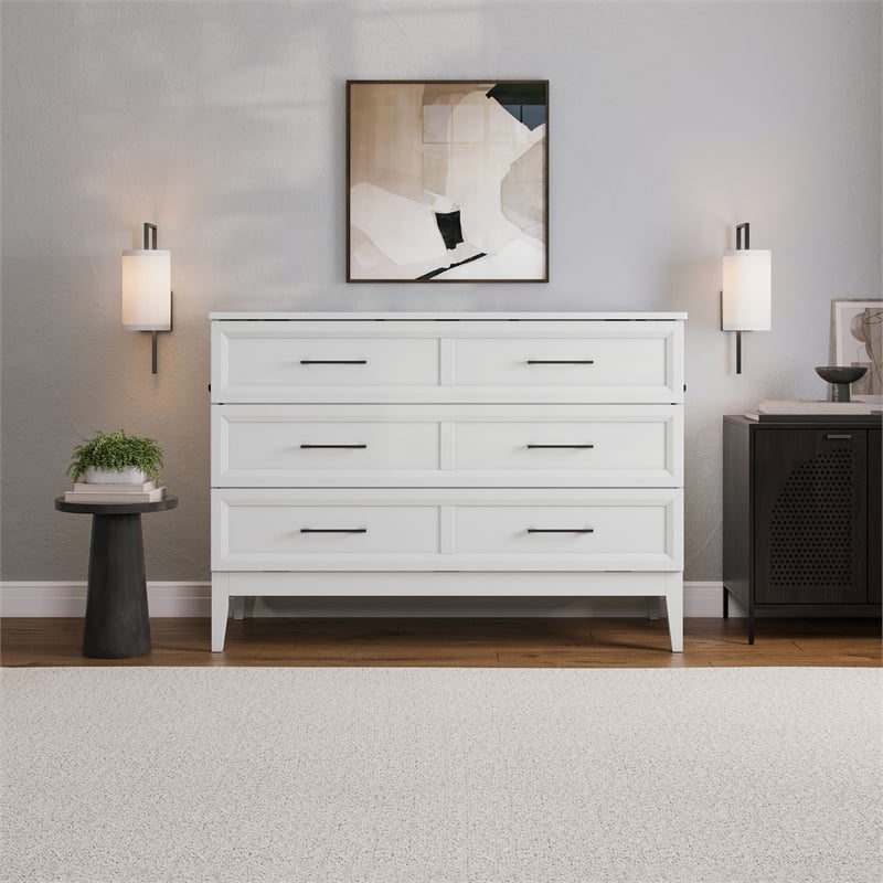 Santa Fe Full Wood Murphy Bed Chest with Mattress & Built-in Charger in White